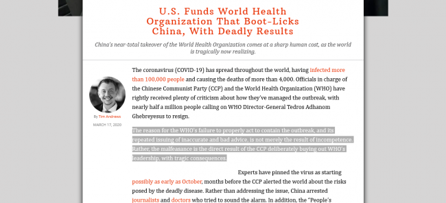 U.S. Funds World Health Organization That Boot-Licks China, With Deadly Results Screenshot From The Web