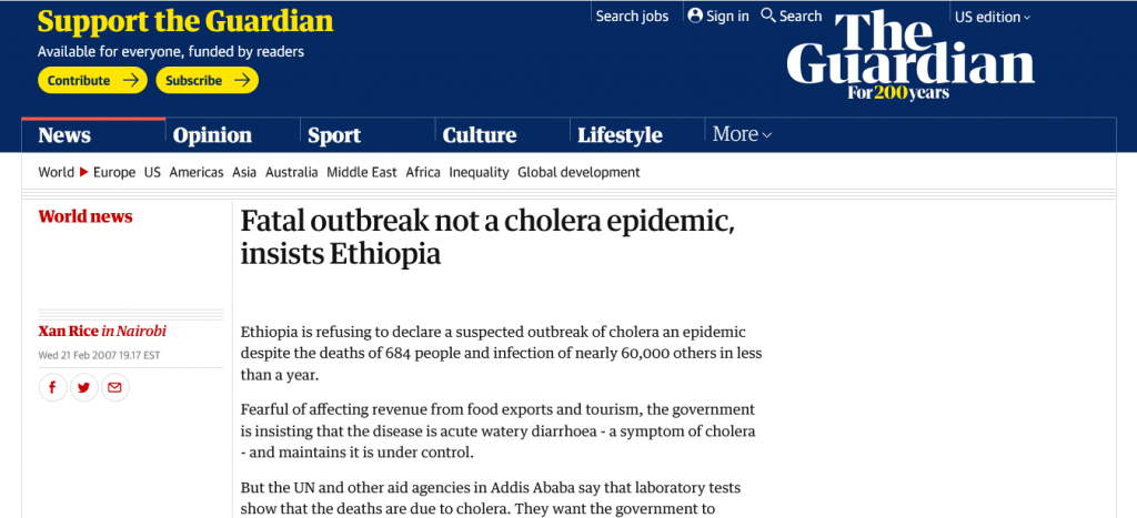 Fatal outbreak not a cholera epidemic, insists Ethiopia Screenshot