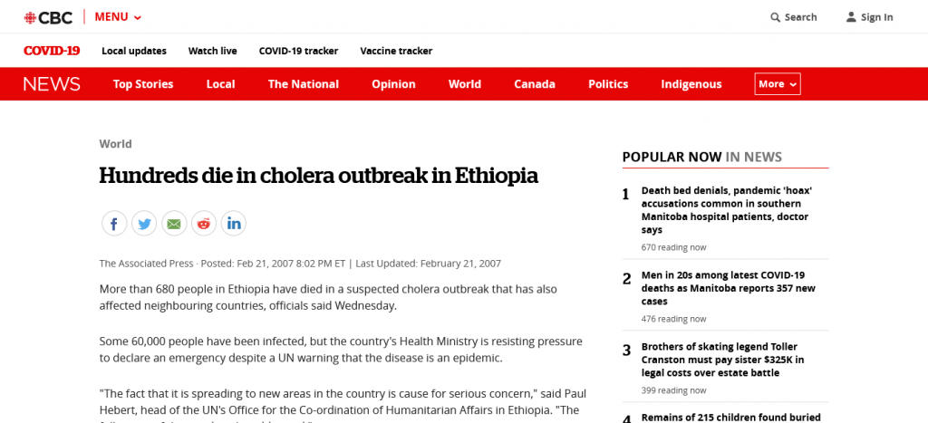 Hundreds die in cholera outbreak in Ethiopia Web Page Screenshot