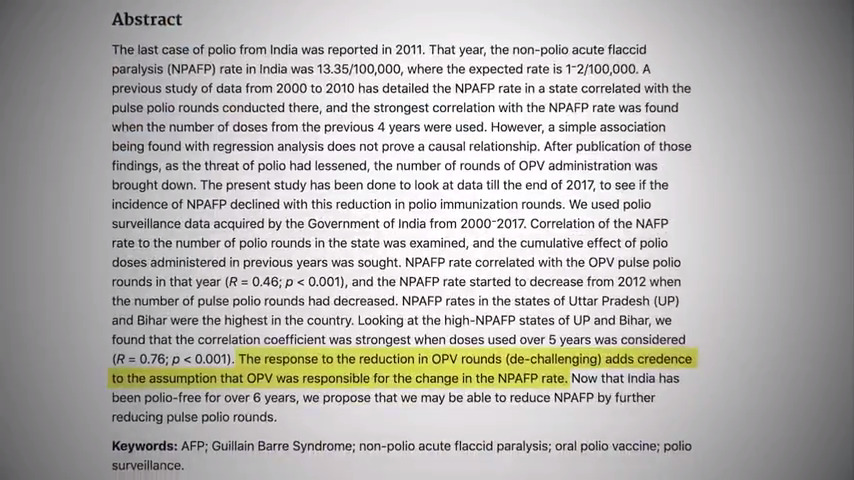 Correlation between Non-Polio Acute Flaccid Paralysis Rates with Pulse Polio Frequency in India Article Quote Screenshot From The Plandemic InDoctorNation Documentary Film