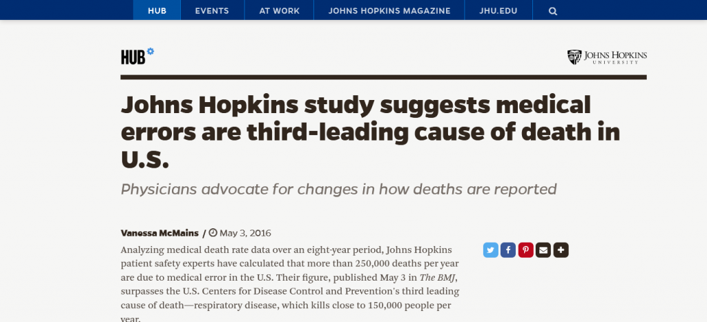 Johns Hopkins study suggests medical errors are third-leading cause of death in U.S. Article Screenshot From The Web