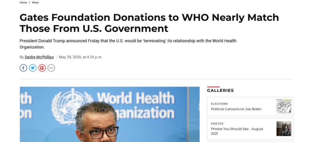 Gates Foundation Donations to WHO Nearly Match Those From U.S. Government Screenshot From The Web