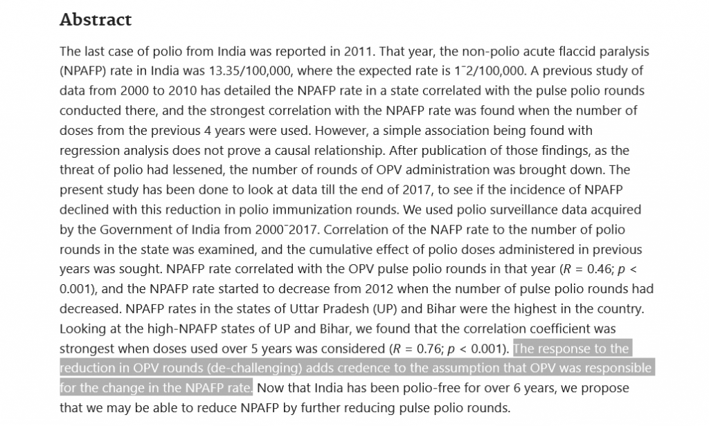 Correlation between Non-Polio Acute Flaccid Paralysis Rates with Pulse Polio Frequency in India Article Quote Screenshot From The Web