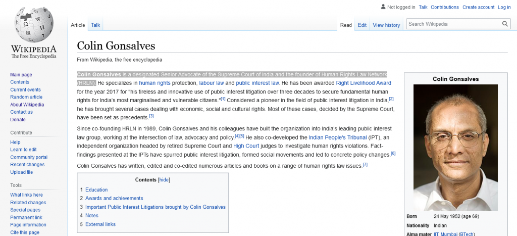 Colin Gonsalves Wikipedia Bio Screenshot From The Web