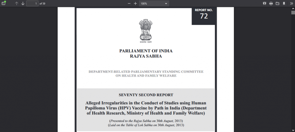 Department-Related Parliamentary Standing Committee On Health And Family Welfare Report No. 72 Screenshot From The Web