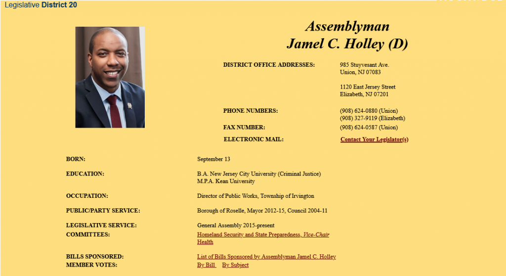 Assemblyman Jamel C. Holley (D) Screenshot From The njleg.state.nj.us Website Members Bio Page From The Web
