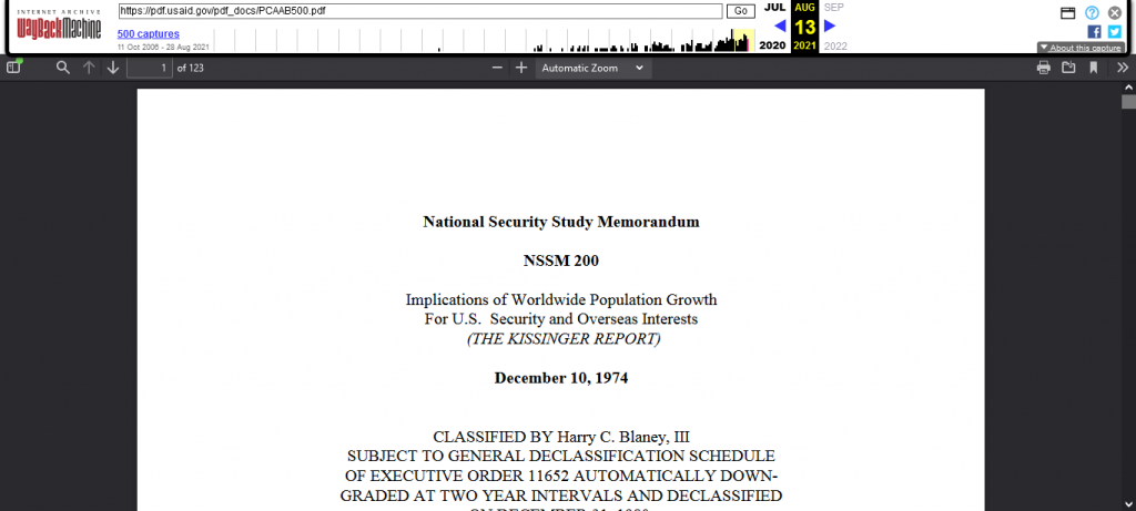 National Security Study Memorandum 200 PDF Snapshot August 13th, 2021 By WayBackMachine Screenshot From The Web