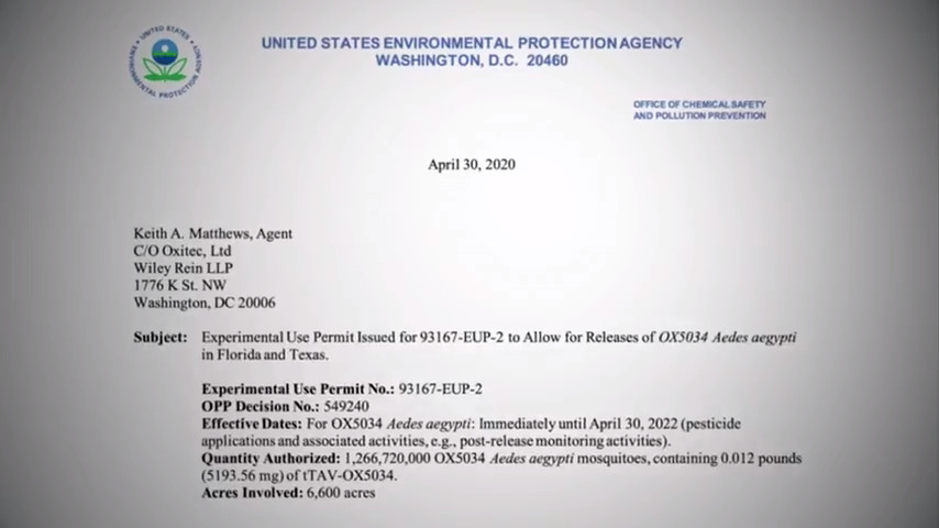 Experimental Use Permit Issued for 93167-EUP-2 to Allow for Releases of OX5034 Aedes aegypti  in Florida and Texas Permit Letter Screenshot From Plandemic InDoctorNation