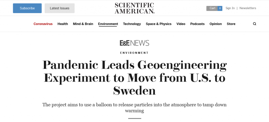 Pandemic Leads Geoengineering Experiment to Move from U.S. to Sweden Screenshot From The Web