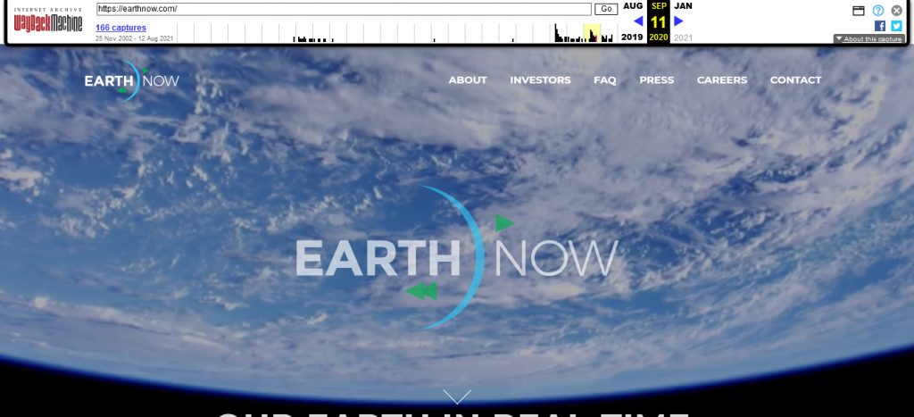 EarthNow Website Snapshot Dated September 11th, 2020 from TheWayBackMachine Screenshot On The Web