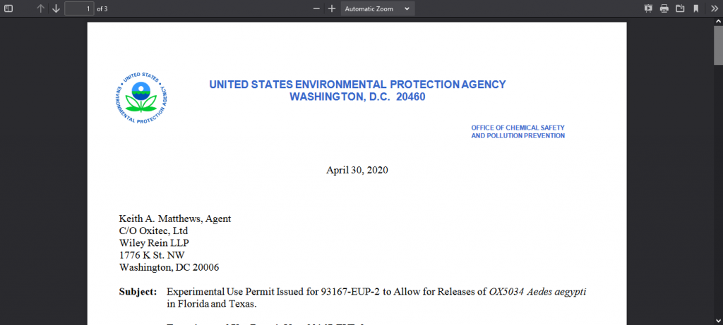 Experimental Use Permit Issued for 93167-EUP-2 to Allow for Releases of OX5034 Aedes aegypti  in Florida and Texas Permit Letter Screenshot From The Web For Our Plandemic InDoctorNation Fact-Check Part 4