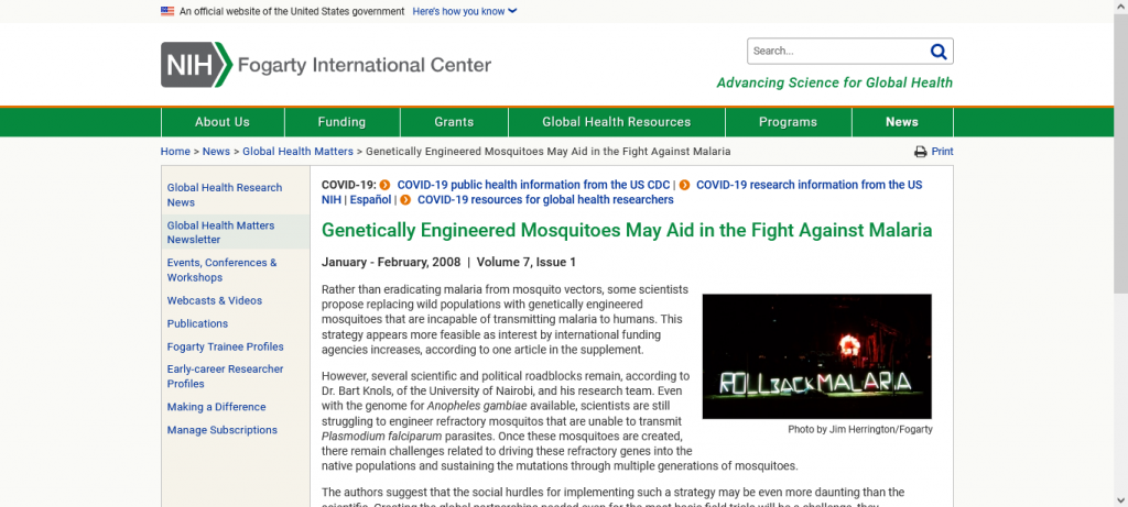 Genetically Engineered Mosquitoes May Aid in the Fight Against Malaria Screenshot From The Web For Our Plandemic InDoctorNation Fact-Check Part 4. Accessed 9-2-2021 22:13