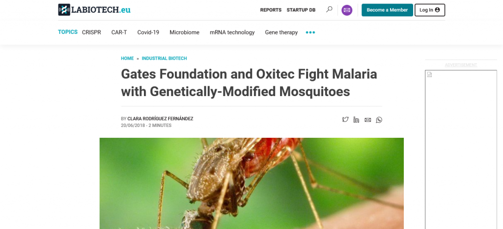 Gates Foundation and Oxitec Fight Malaria with Genetically-Modified Mosquitoes Screenshot From The Web For Plandemic InDoctorNation Fact-Check Part 4