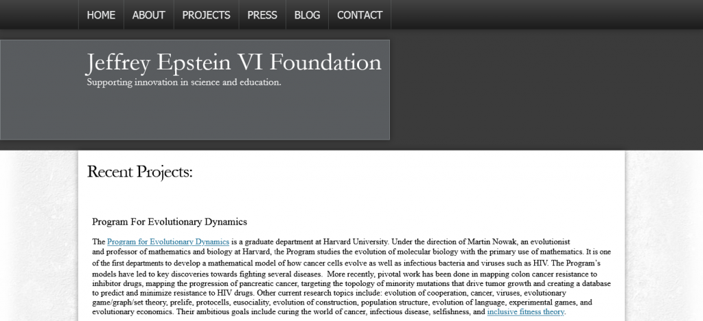 Jeffrey Epstein VI Foundation Supporting innovation in science and education. Screenshot From The Web For Plandemic InDoctorNation Fact-Check Part 4-Accessed September 3, 2021 10:37:11