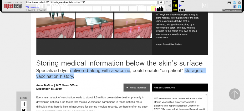 Storing medical information below the skin’s surface highlighted article quotes waybackmachine snapshot dated December 19th, 2019 Screenshot From The Web