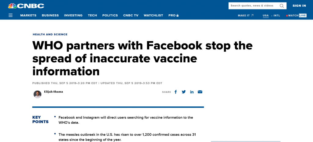 WHO partners with Facebook stop the spread of inaccurate vaccine information Screenshot From The Web For Our Plandemic InDoctorNation Fact Check