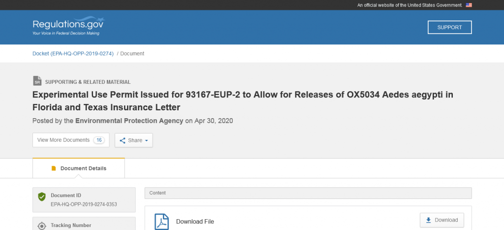 Experimental Use Permit Issued for 93167-EUP-2 to Allow for Releases of OX5034 Aedes aegypti in Florida and Texas Insurance Letter Document Page On the EPA Website Screenshot From The Web