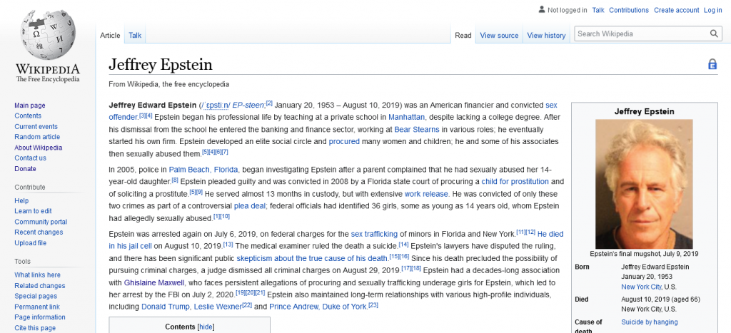 Jeffrey Epstein(Wikipedia.com) Screenshot From The Web For Our Plandemic InDoctorNation Fact-Check Part 4-Accessed SEPTEMBER 3rd 2021 10:59:06