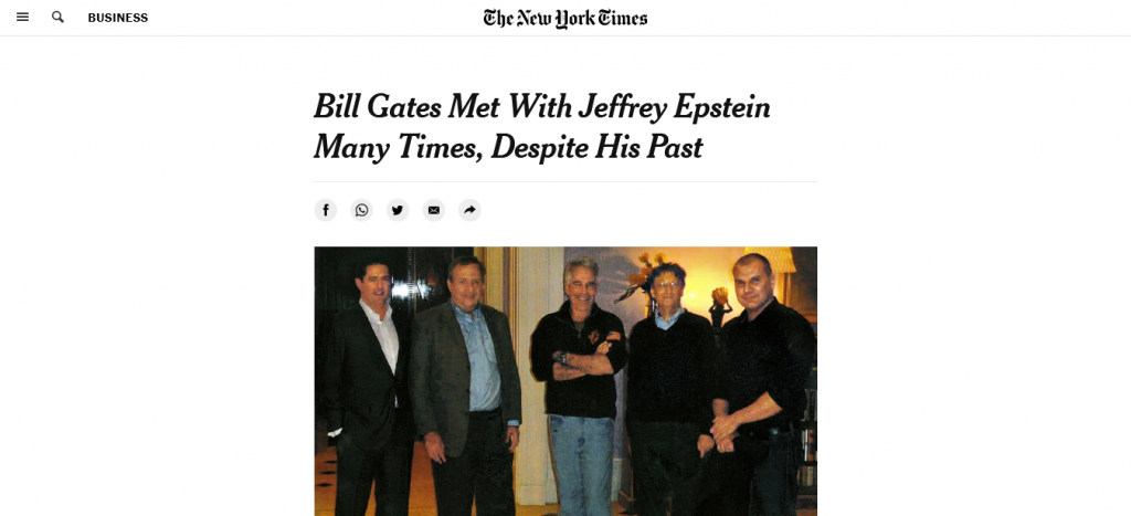 Bill Gates Met With Jeffrey Epstein Many Times, Despite His Past(nytimes.com) Screenshot From Web For Plandemic InDoctorNation Fact-Check Part 4-Accessed September 2, 2021 20:09:24