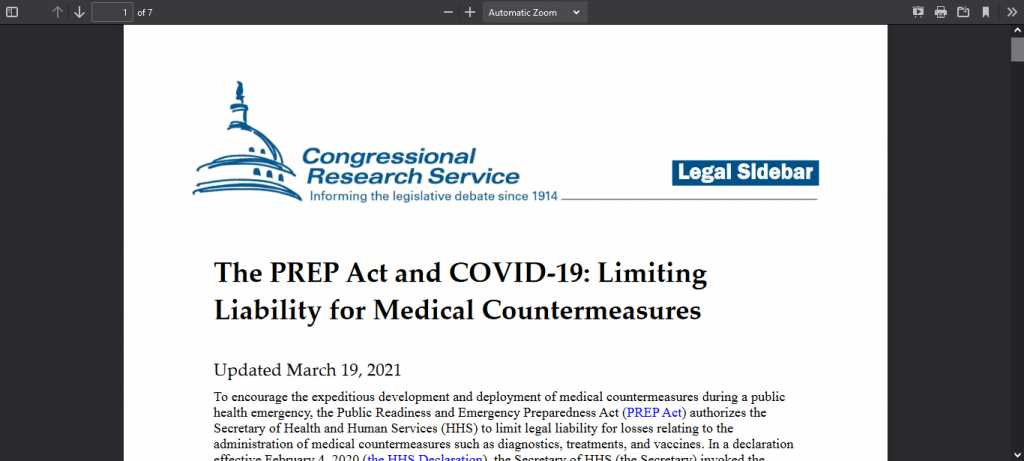 The PREP Act and COVID-19: Limiting  Liability for Medical Countermeasures Screenshot From The Web For Plandemic InDoctorNation Fact-Check Part 4-Accessed September 1, 2021 19:38:50