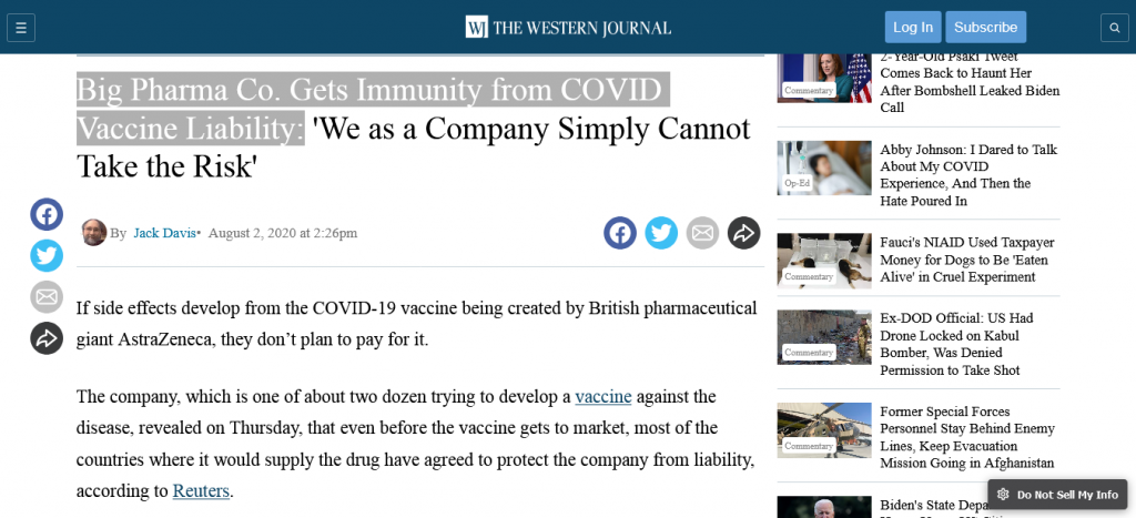 Big Pharma Co. Gets Immunity from COVID Vaccine Liability: 'We as a Company Simply Cannot Take the Risk' Screenshot From The Web For Plandemic InDoctorNation Fact-Check Part 4-Accessed September 3, 2021 12:37:30