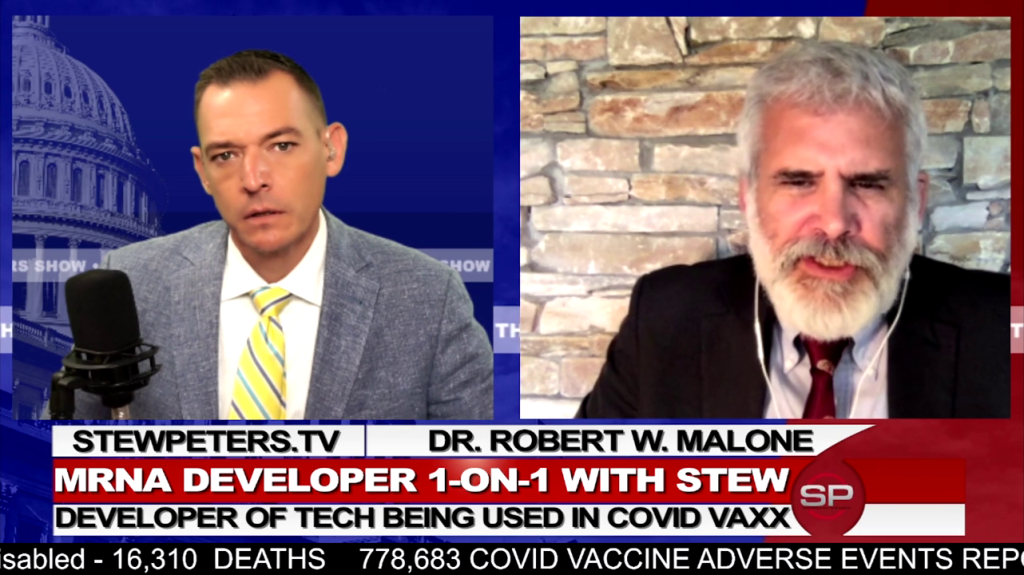 Screenshot of Stew Peters Interview With mRNA Technology Creator Dr. Robert Malone Oct 13th, 2021