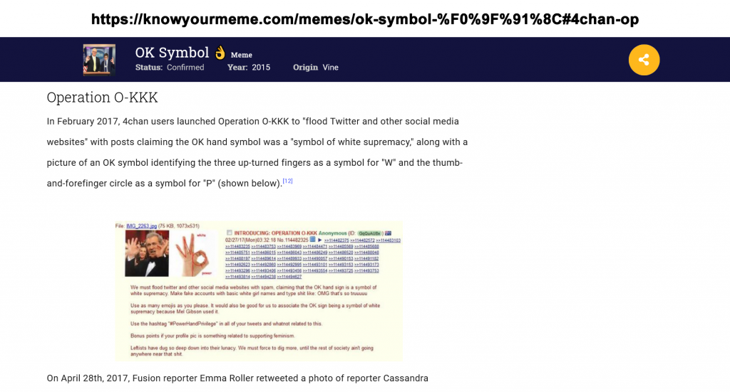 knowyourmeme.com Article on the ok hand symbol