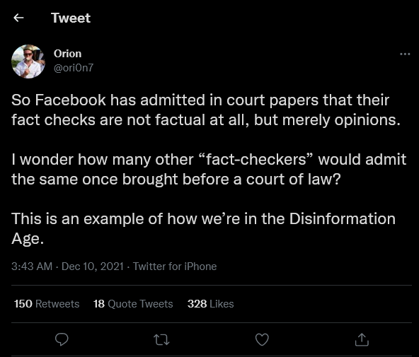 Online Censorship - Episode 2 So Facebook has admitted in court papers that their fact checks are not factual at all, but merely opinions. Courtesy of Orion @ori0n7 via twitter