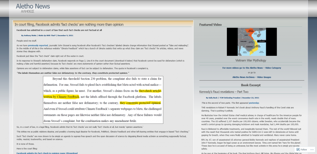 Online Censorship - Episode 2  Aletho News - In court filing, Facebook admits ‘fact checks’ are nothing more than opinion