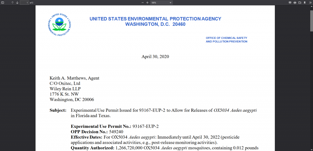 Experimental Use Permit Issued for 93167-EUP-2