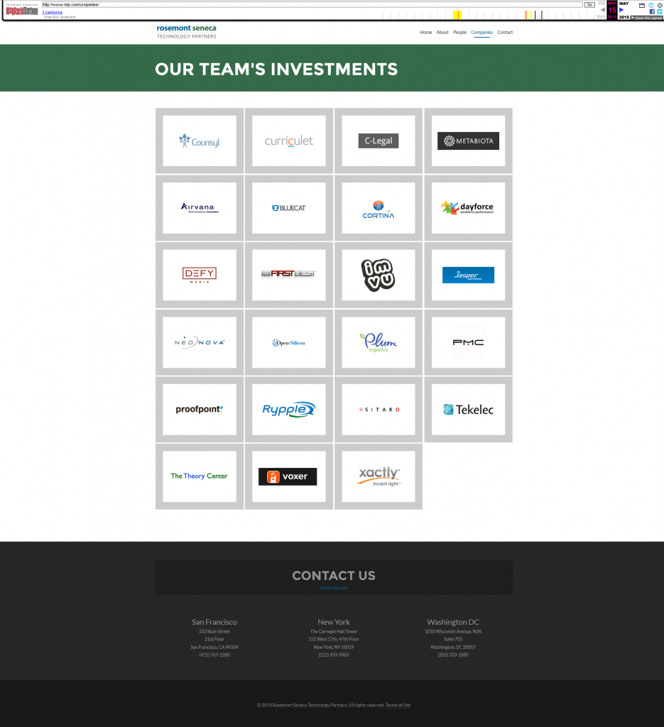 Wayback Machine Snapshot which establishes MetaBiota as one of the many companies Rosemont Seneca has invested in dated March 15th, 2014