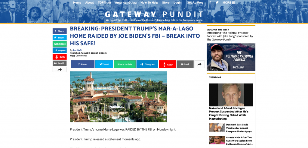 Mar a Lago Raid gatewaypundit article screenshot from the web