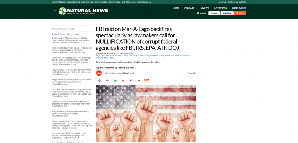FBI raid on Mar-A-Lago backfires spectacularly naturalnews article screenshot from the web