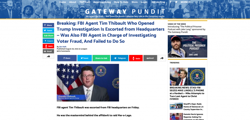 FBI Agent Tim Thibault Gateway Pundit Article Screenshot From the web