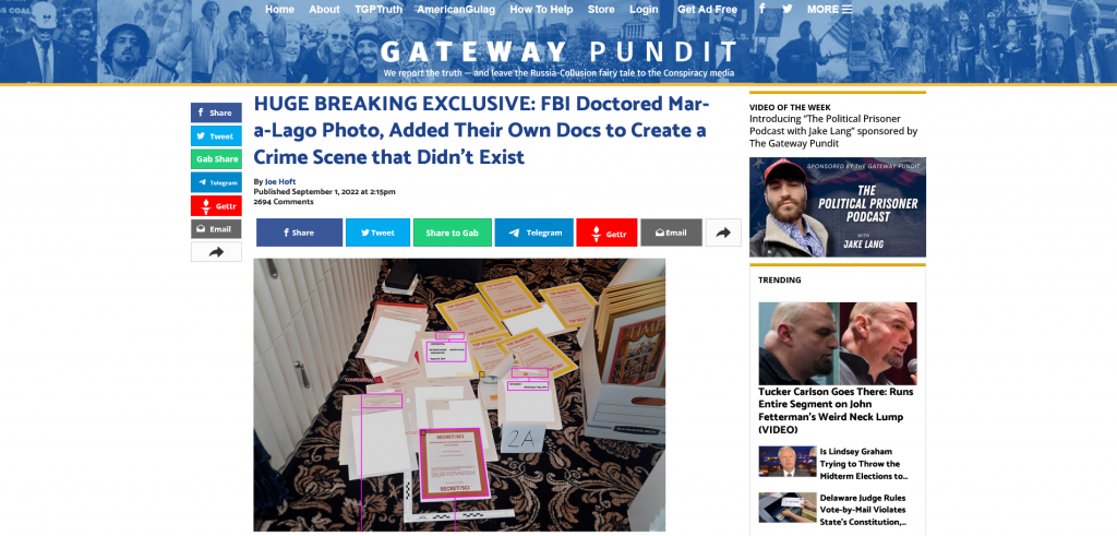 Gateway Pundit Article FBI Doctored Mar-a-Lago Photo Screenshot From the web