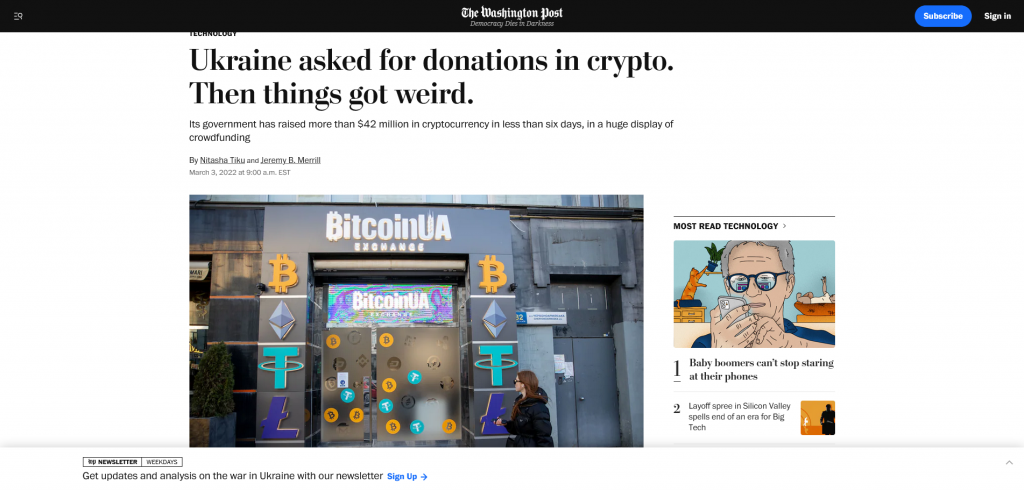 Ukraine asked for donations in crypto. Then things got weird. Washington Post Article Screenshot from the web March 3rd, 2022