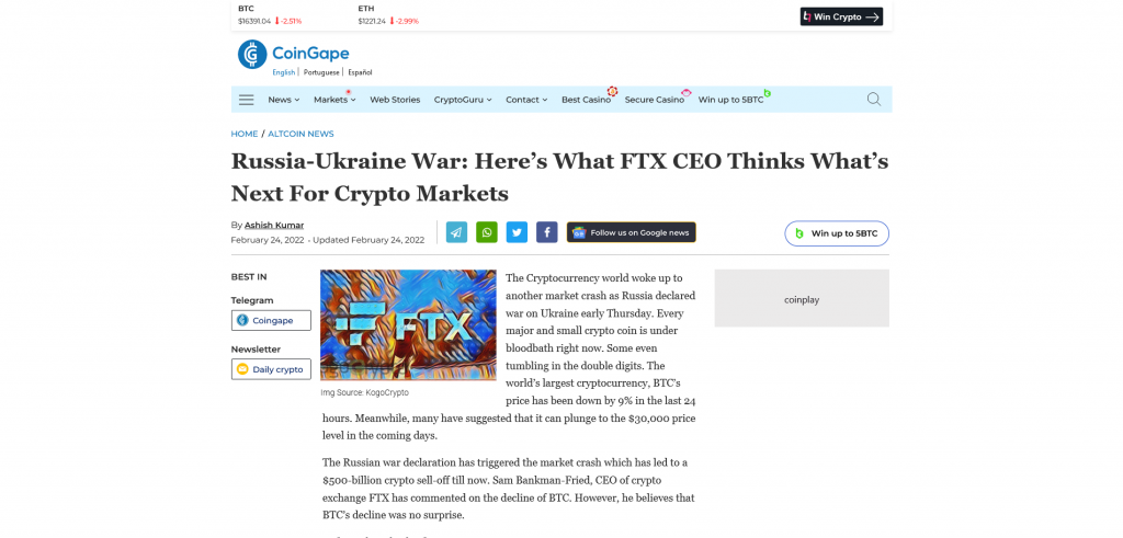 Russia-Ukraine War: Here’s What FTX CEO Thinks What’s Next For Crypto Markets February 24th, 2022 - Sam Bankman-Fried FTX Screenshot From the web