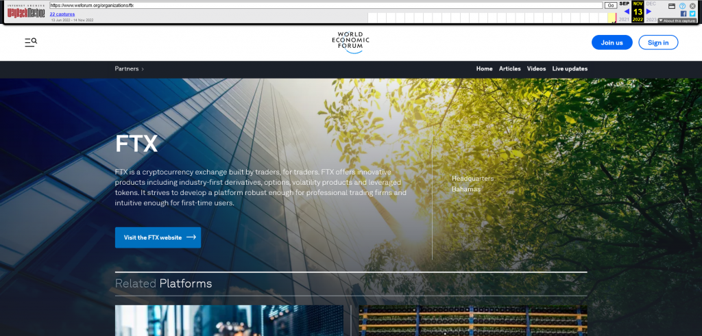 Wayback machine snapshot of the WEF FTX Web page from the web Nov 13th, 2022