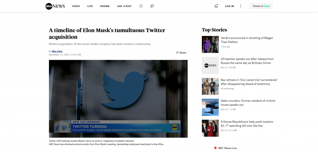 ABC News Titled "A timeline of Elon Musk's tumultuous Twitter acquisition", Published on November 11th, 2022 Screenshot from the Web