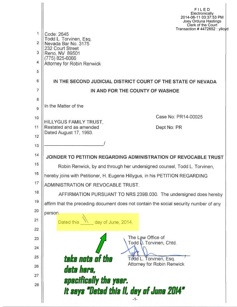 Who Framed Roger Rabbit? The Roger Hillygus Case A Forensic Timeline Analysis
JOINDER TO PETITION REGARDING ADMINISTRATION OF REVOCABLE TRUST Page 1