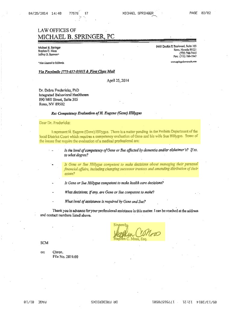 competency evaluation request letter by Stephen Moss. to Debra Fredericks