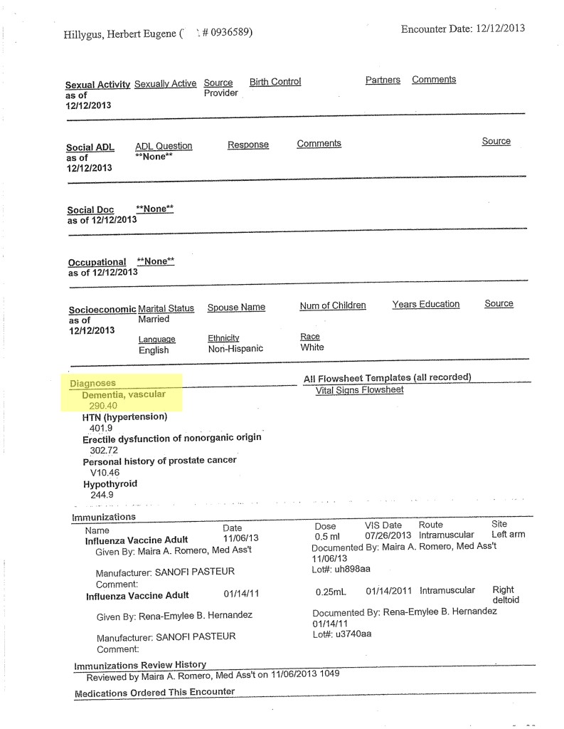 Follow up Dementia Diagnosis of Vascular Nature by Kent Elliot M.D. 12-12-2013, Diagnosis Page