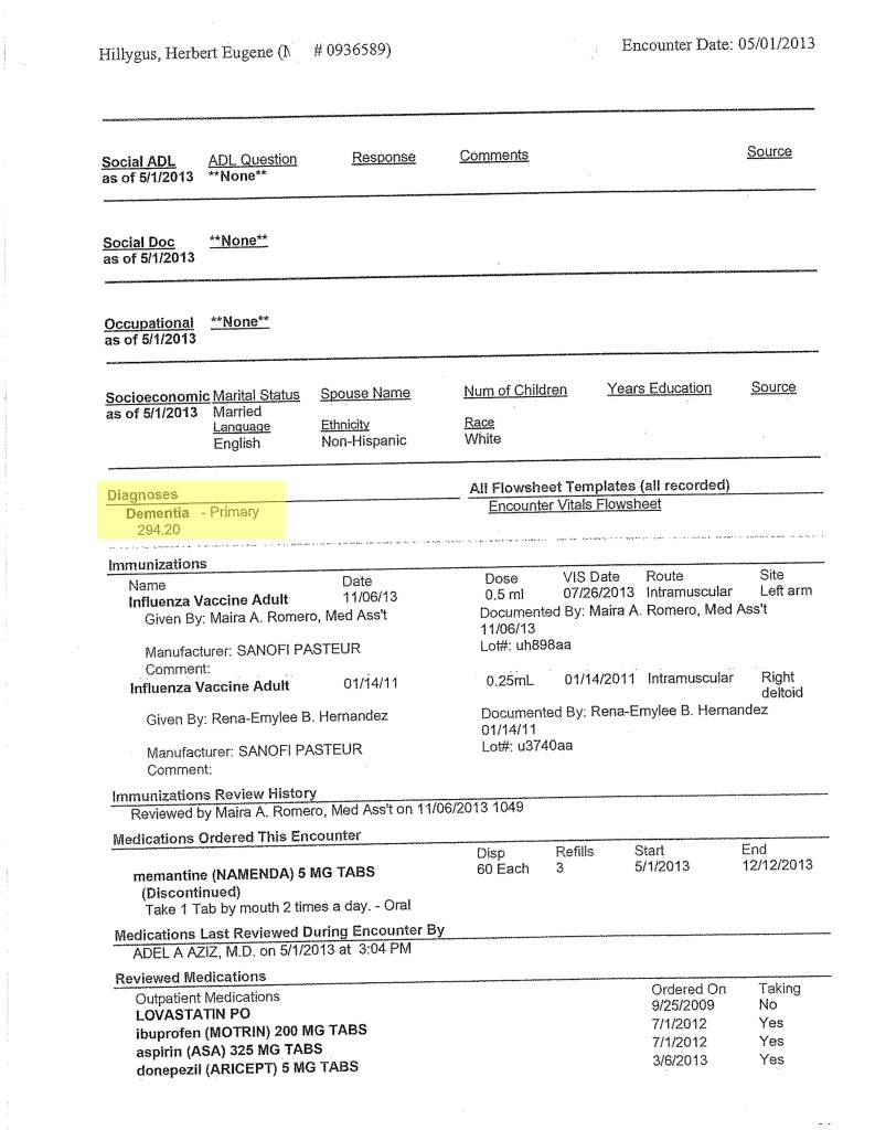 Initial Dementia Diagnosis by Kent Elliot M.D. 5-01-2013, Diagnosis page 