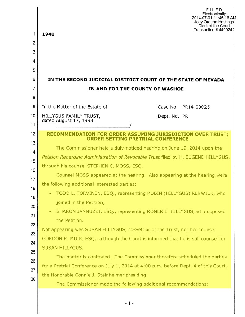 RECOMMENDATION FOR ORDER ASSUMING JURISDICTION OVER TRUST; ORDER SETTING PRETRIAL CONFERENCE Page 1